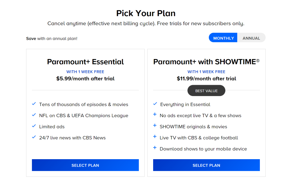 Paramount+ Pick Your Plan