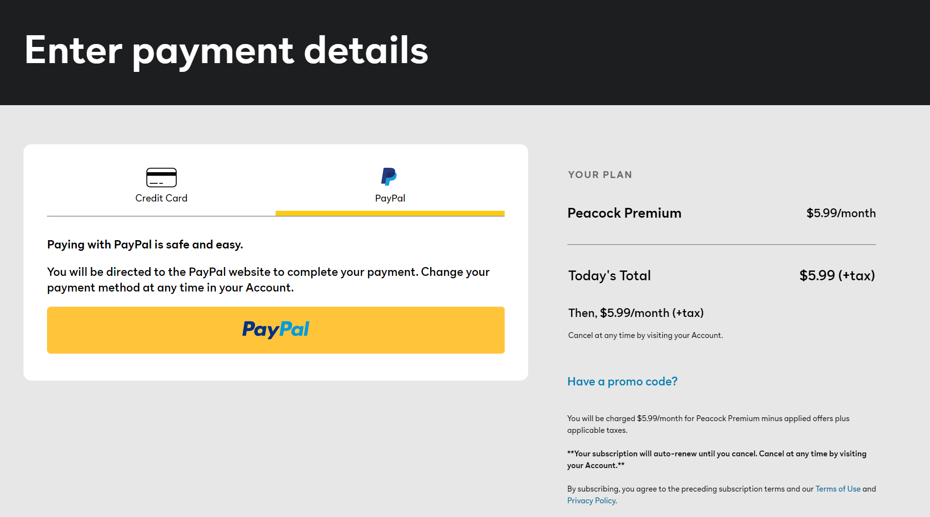 Peacock TV PayPal payment screen