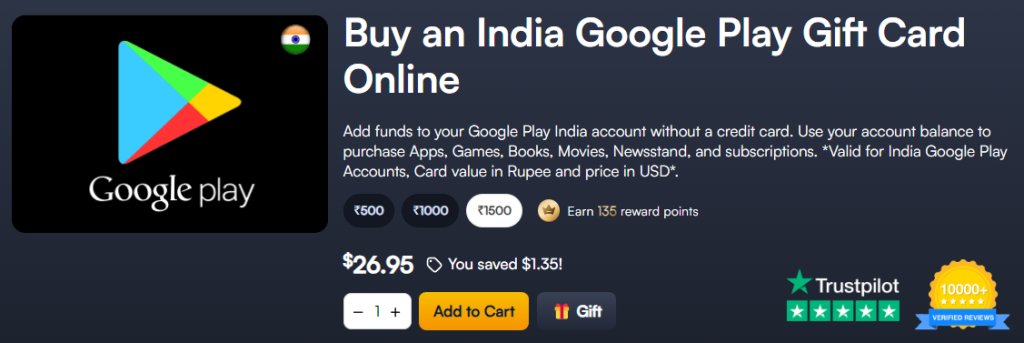 Purchase Indian Google Play gift card