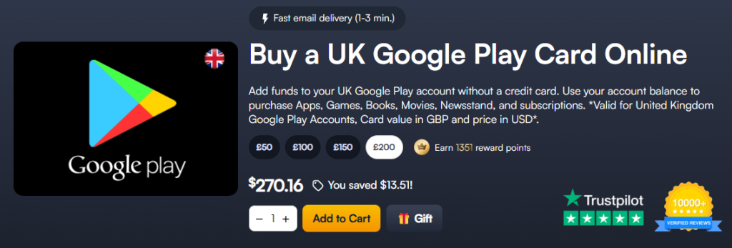 Purchase UK Google Play gift card