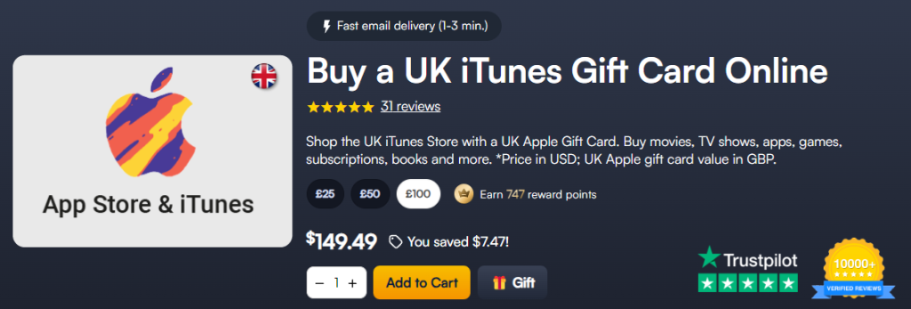 Purchase UK iTunes gift card