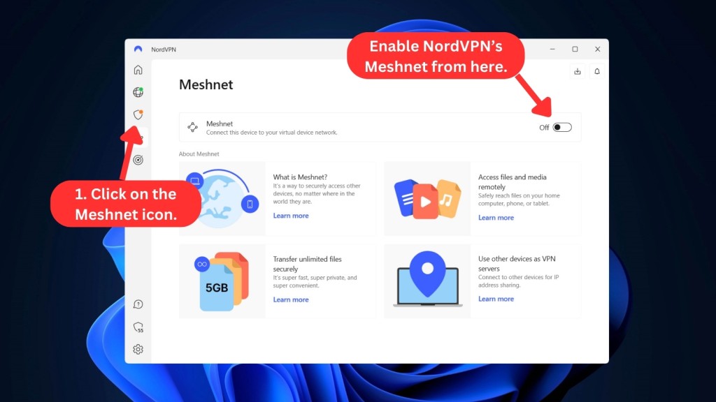 Steps to enable the Meshnet feature of NordVPN