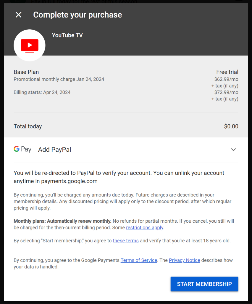 YouTube TV PayPal payment