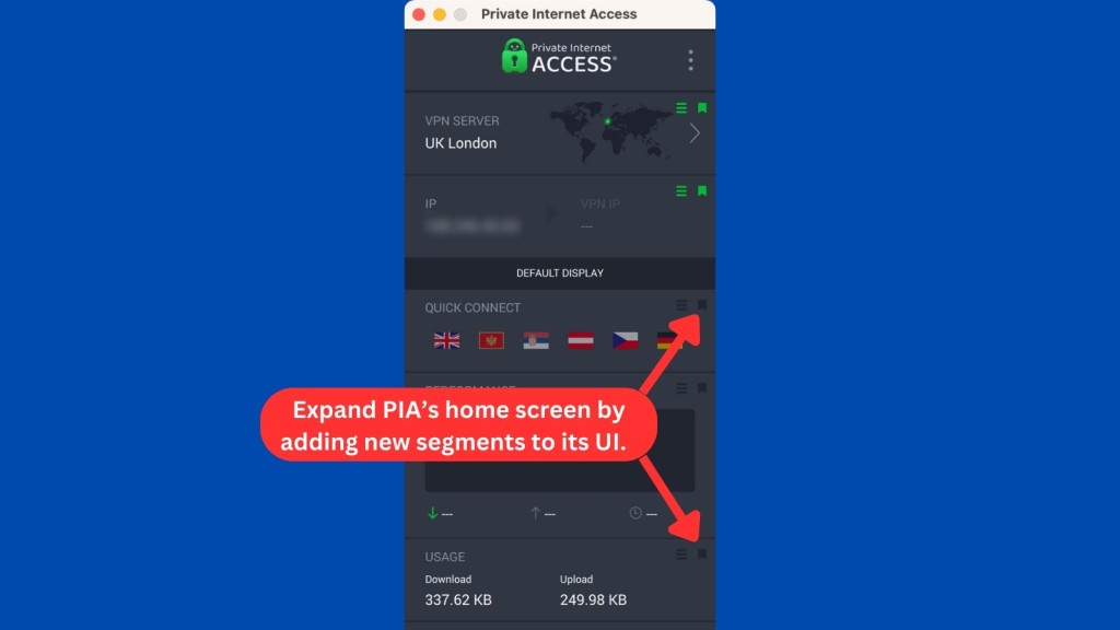 Customizing the home screen of PIA VPN