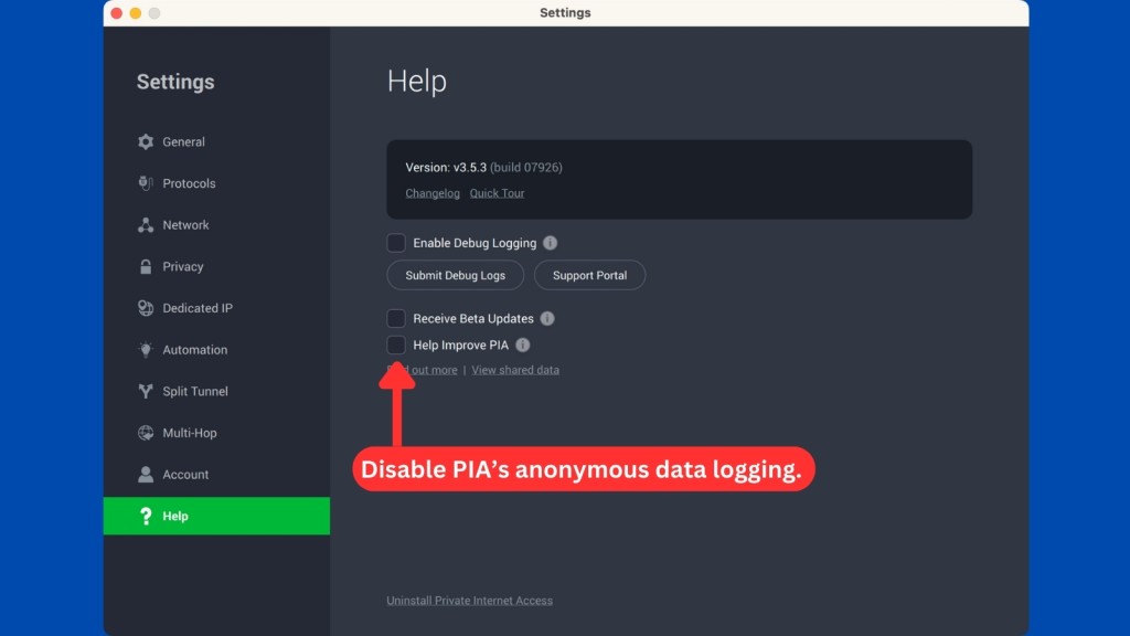 Disabling anonymous data logging from PIA
