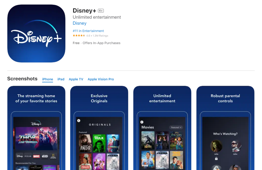Disney Plus App Store page
