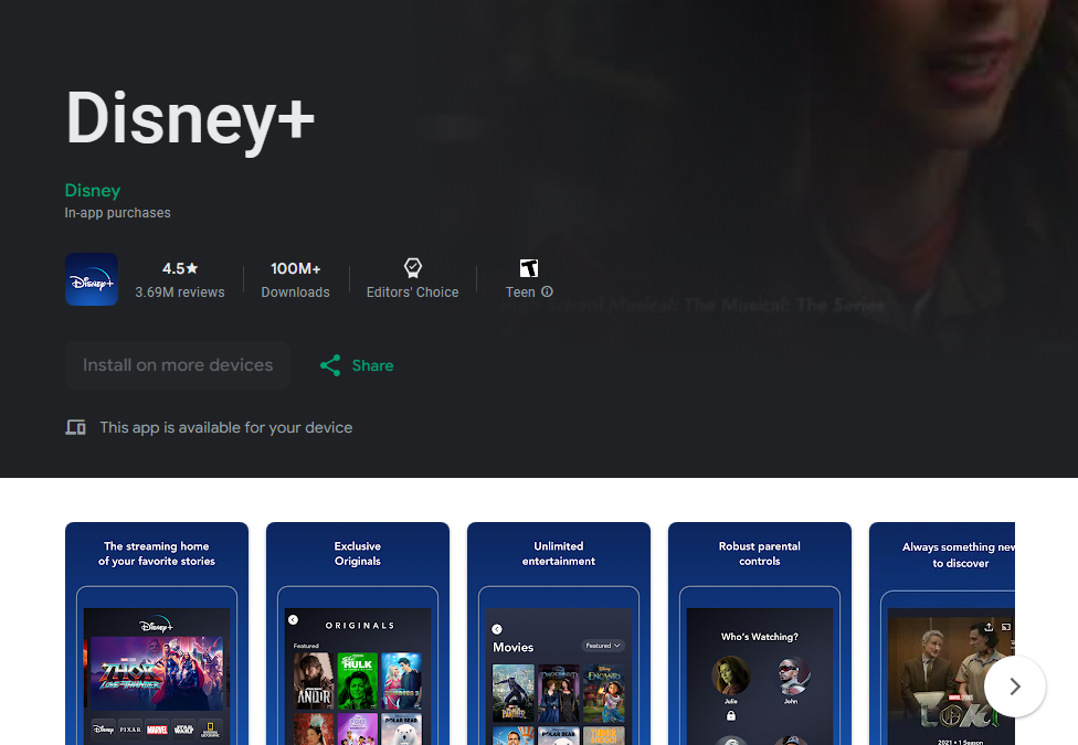 Disney Plus Google Play Store page