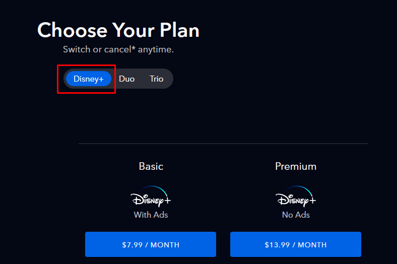 Disney Plus base plan selection