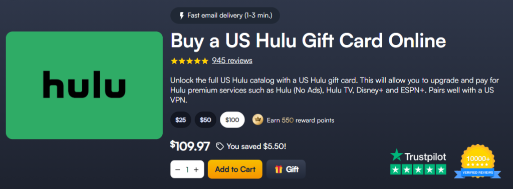 Hulu US gift card purchase
