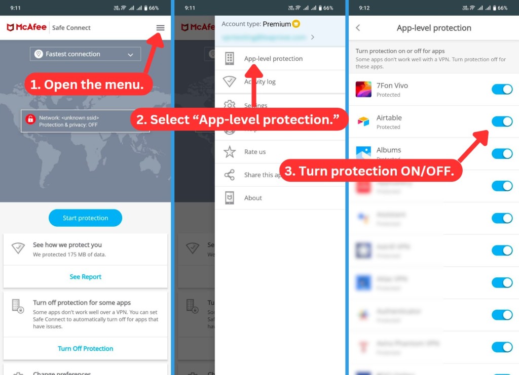 McAfee Safe Connect VPN App-Level Protection on Android