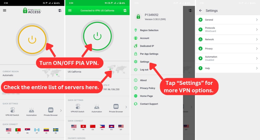 PIA VPN interface on an Android device