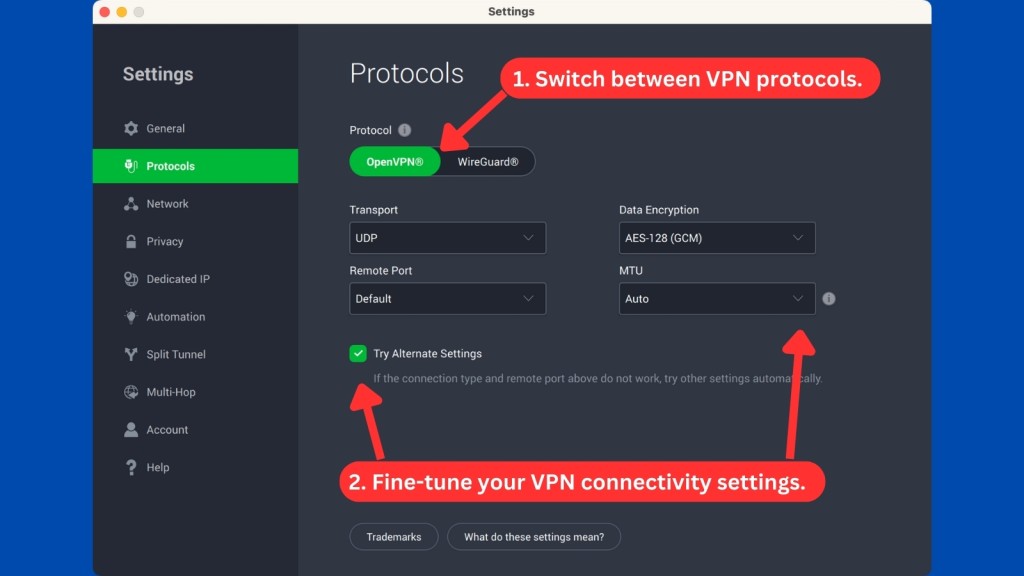 PIA VPN protocol settings on Mac