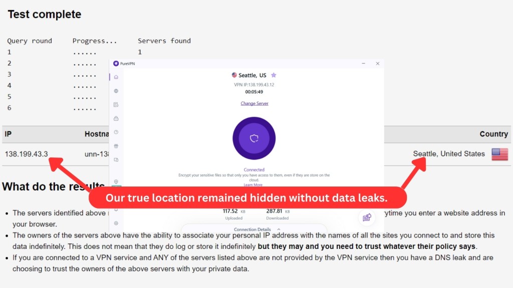 PureVPN DNS leak test result showing no leaks