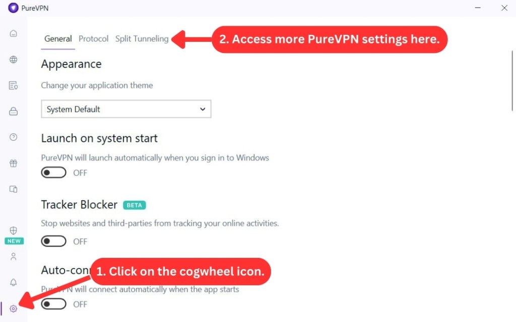 PureVPN Windows app settings