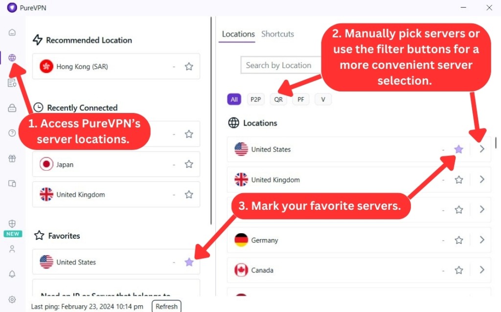 Selecting PureVPN server locations on Windows