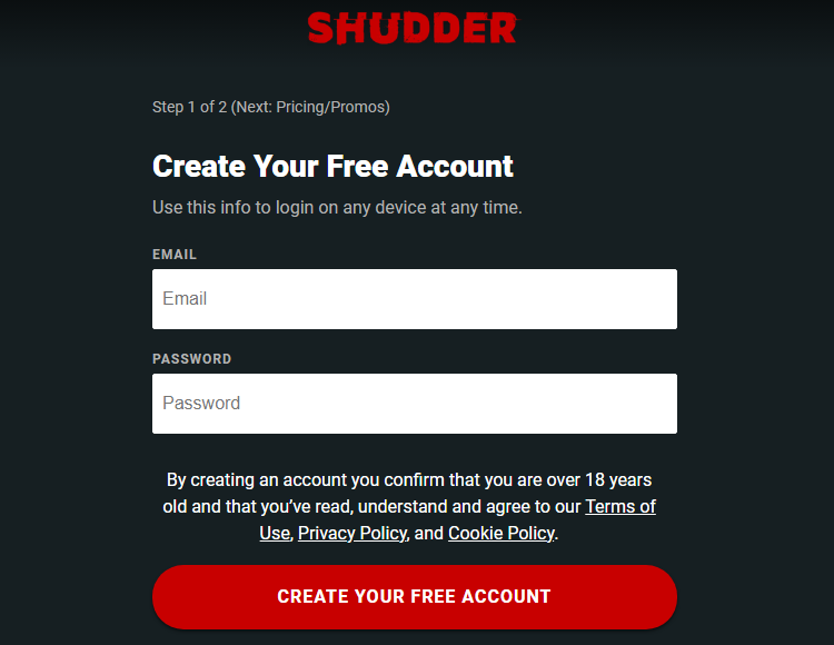 Shudder account creation page