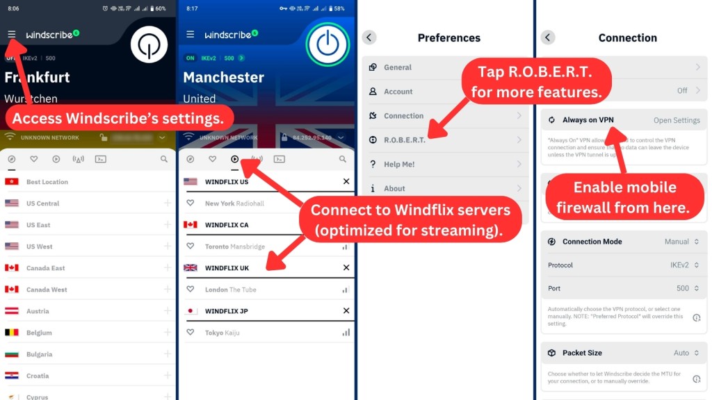 Windscribe user interface on Android