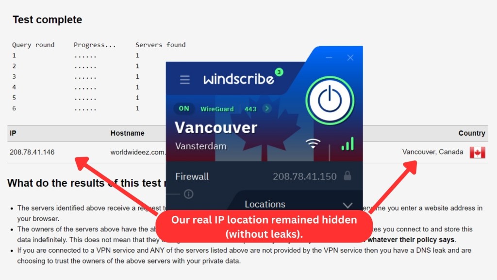 Windscribe VPN DNS leak test result