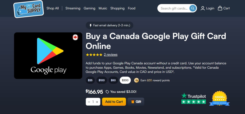 Google play Canada gift card