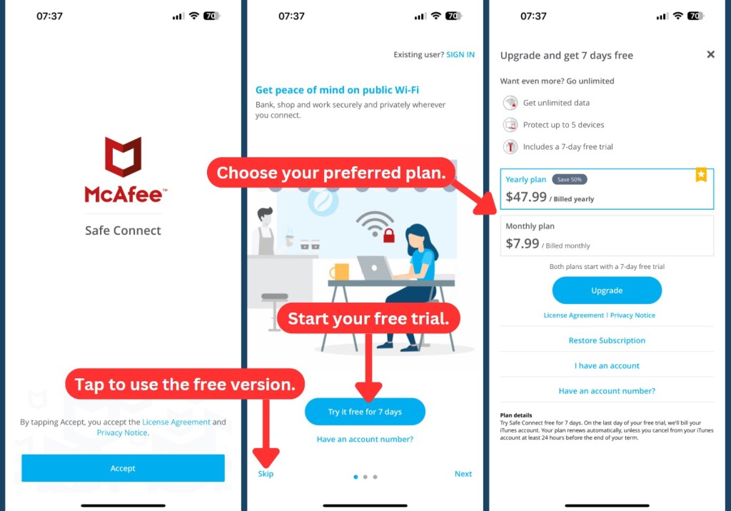 How to subscribe to McAfee VPN on iPhone