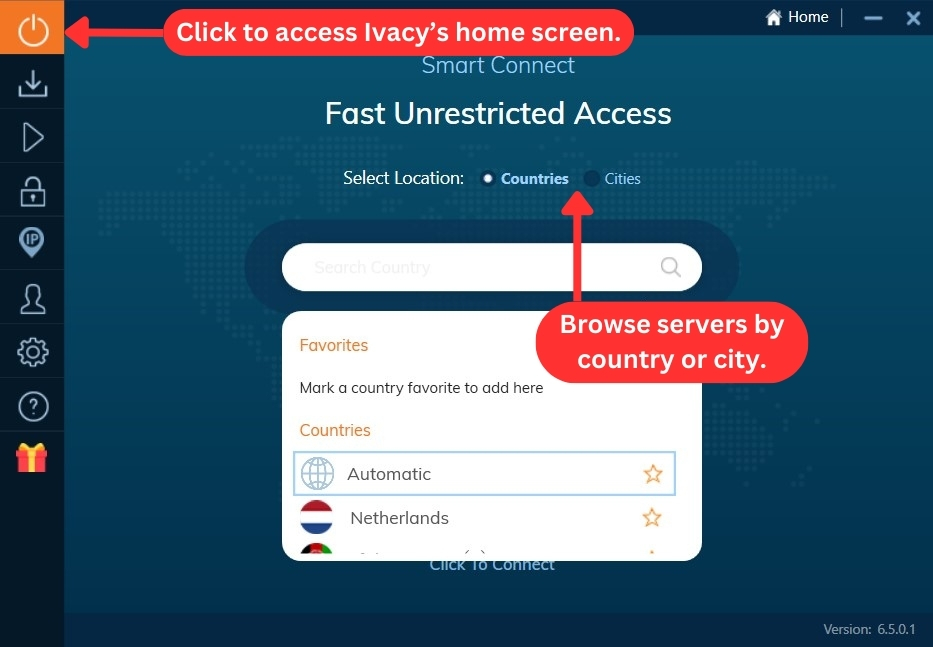 Ivacy VPN Windows home screen