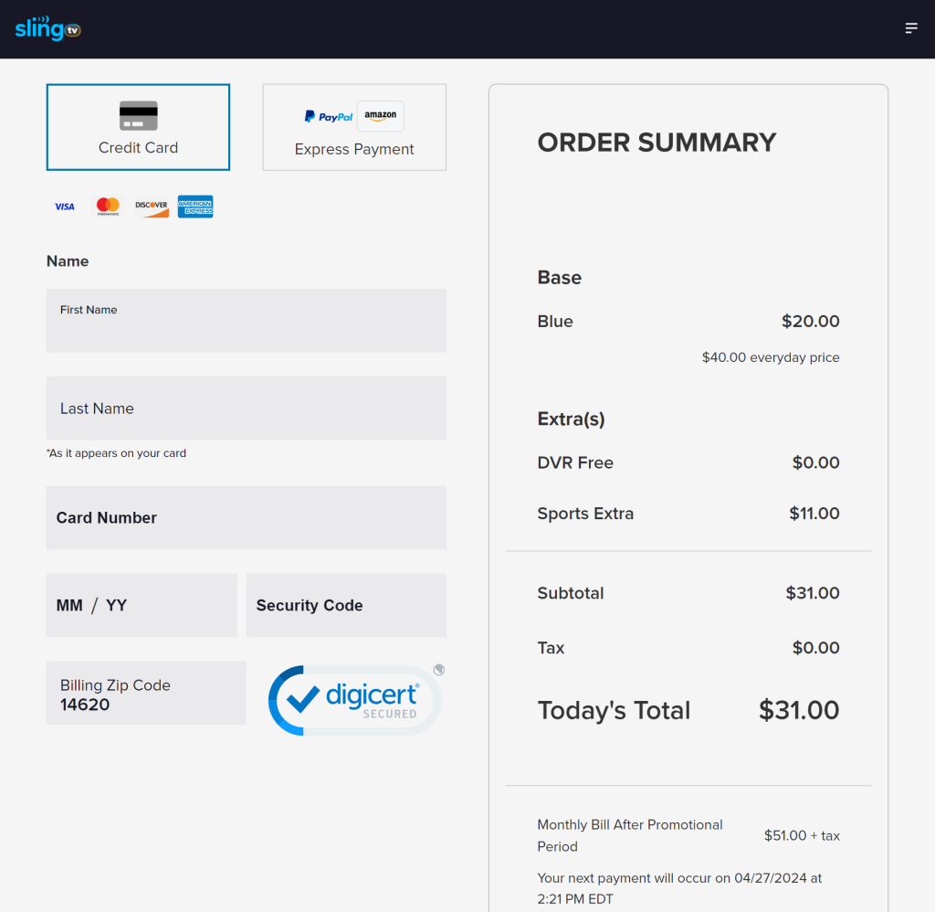 Sling TV payment screen