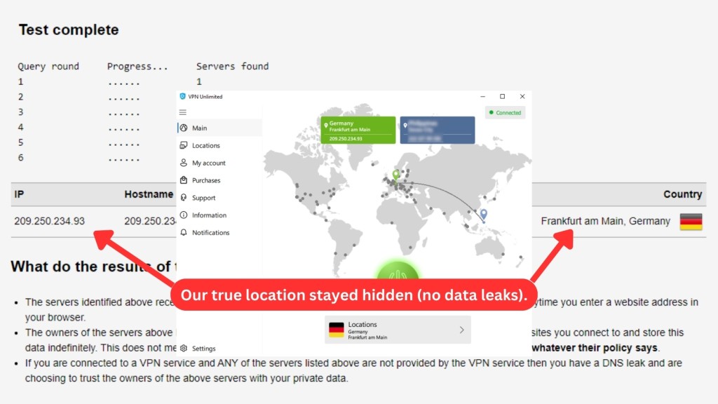 VPN Unlimited DNS leak test result