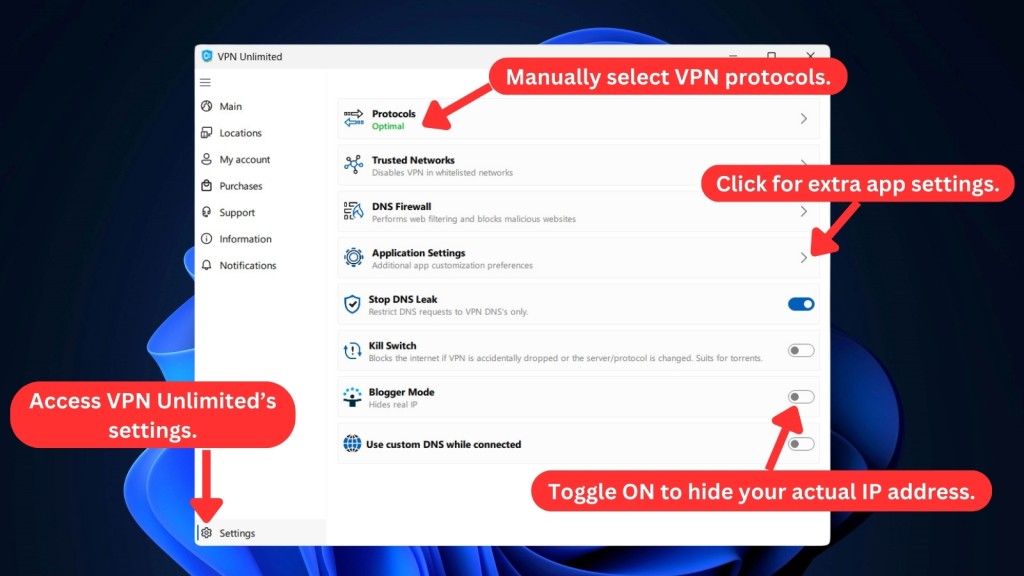 VPN Unlimited settings menu on Windows