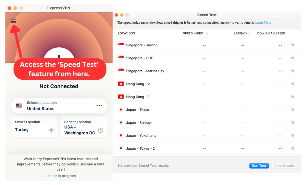Accessing the ExpressVPN Speed Test feature on Mac