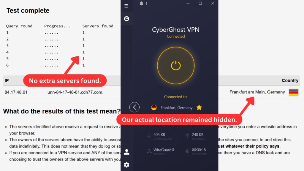 CyberGhost VPN DNS leak testing