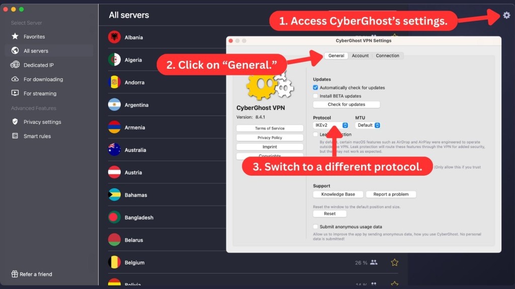 CyberGhost VPN General Settings on macOS