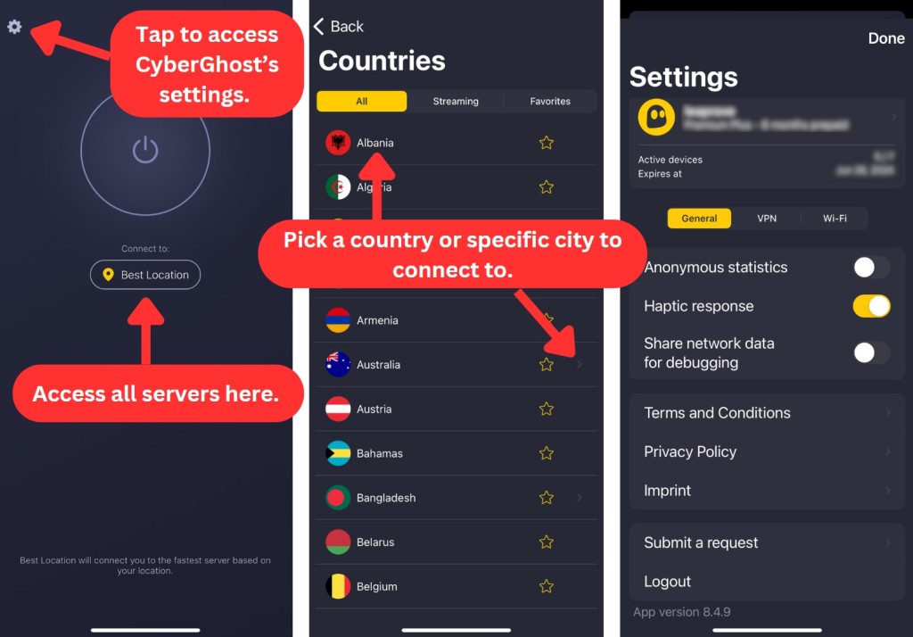 CyberGhost VPN iOS settings