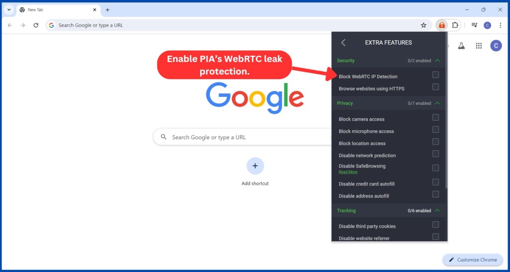 Extra features of the PIA Chrome extension