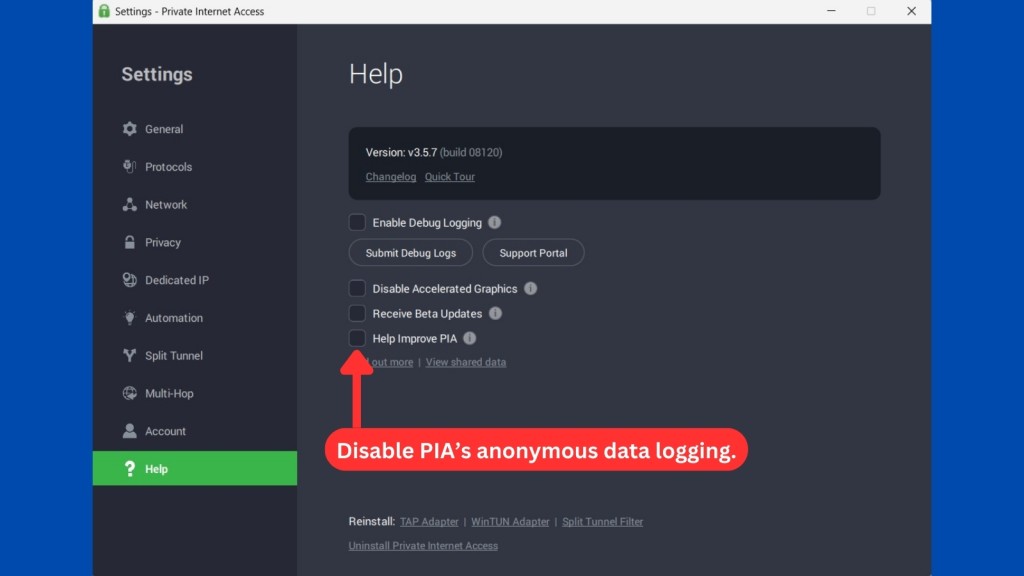 How to disable anonymous data logging from PIA