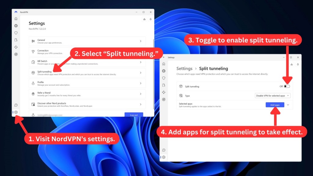 How to enable NordVPN Split Tunneling feature on Windows