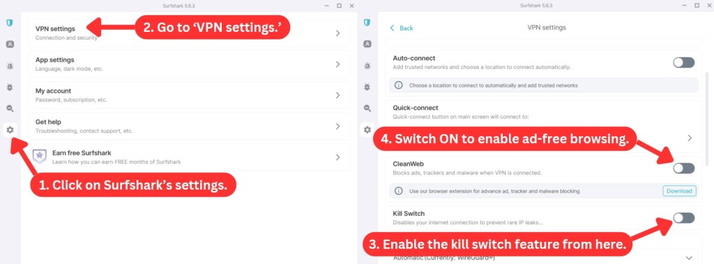 How to enable Surfshark Kill Switch and CleanWeb features