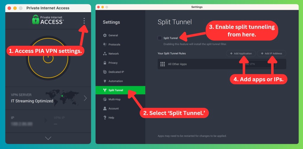 How to set up split tunneling in Private Internet Access on Mac
