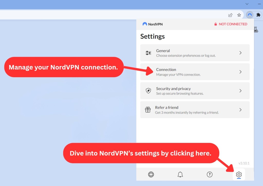 NordVPN Chrome browser extension settings