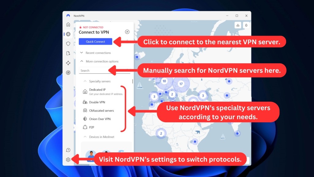 NordVPN server menu on a Windows app