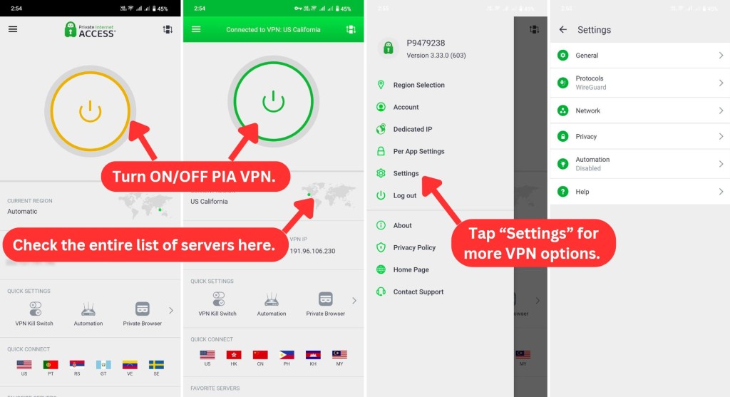 PIA VPN app on Android
