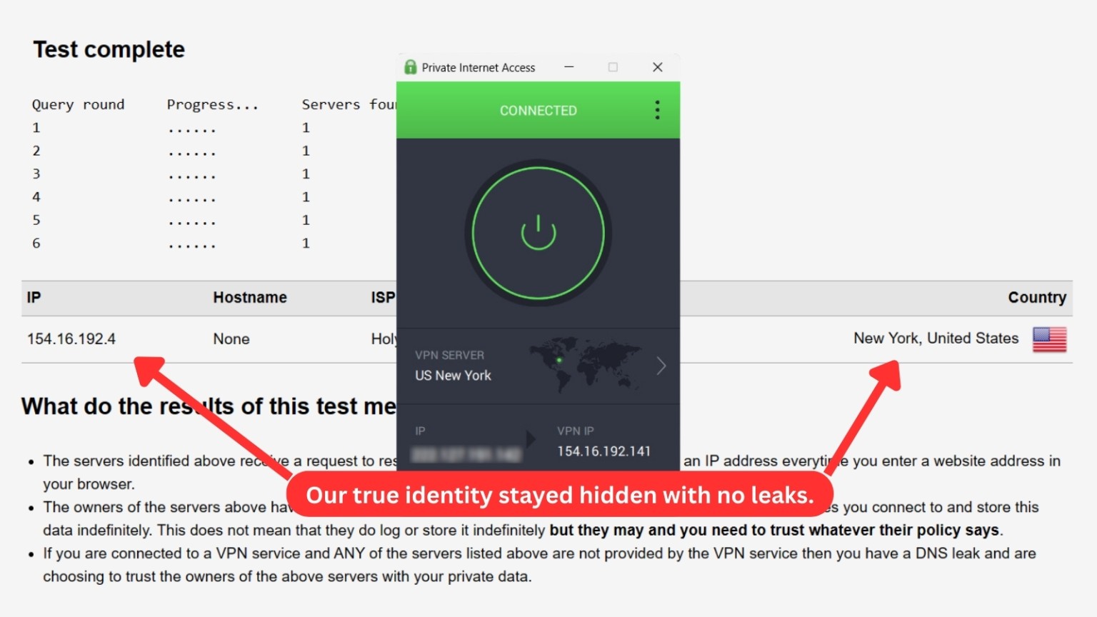 PIA VPN DNS leak test result