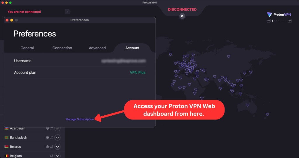 Proton VPN Account details on the Mac app