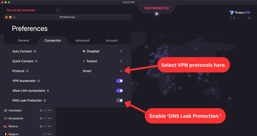 Proton VPN Connection settings on macOS
