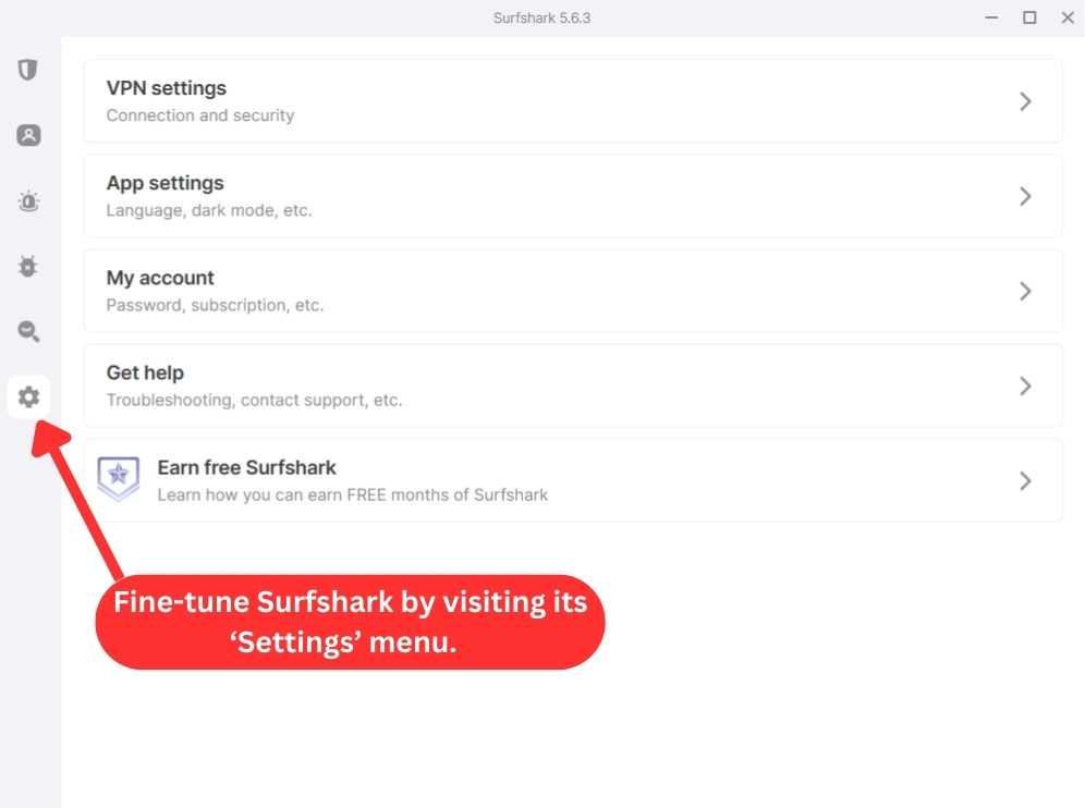 Surfshark settings menu on Windows