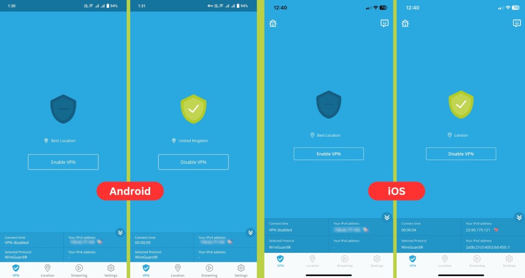hide.me VPN interface on Android and iOS apps