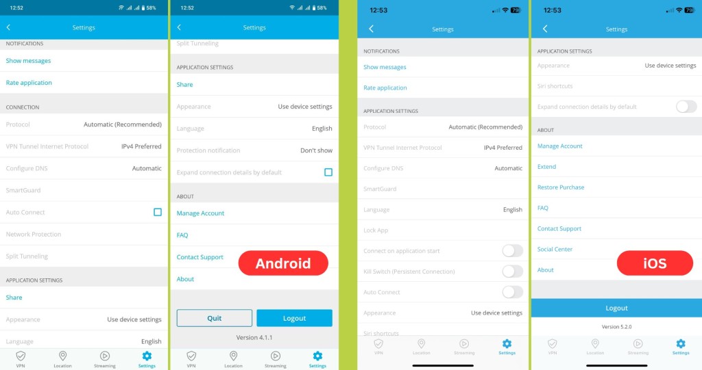 hide.me VPN settings on Android and iOS apps