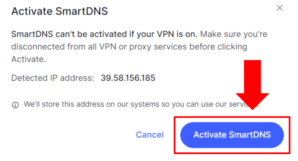 Prompt appearing on NordVPN's account dashboard to confirm SmartDNS activation.