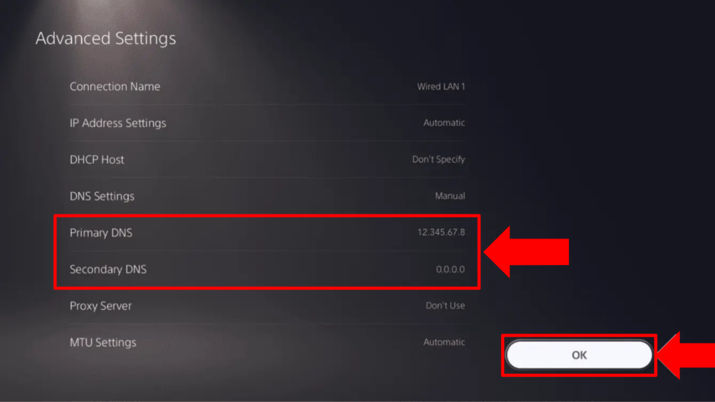 Enter the primary and secondary DNS in PlayStation 5's Advanced Settings tab, then hit the "OK" button