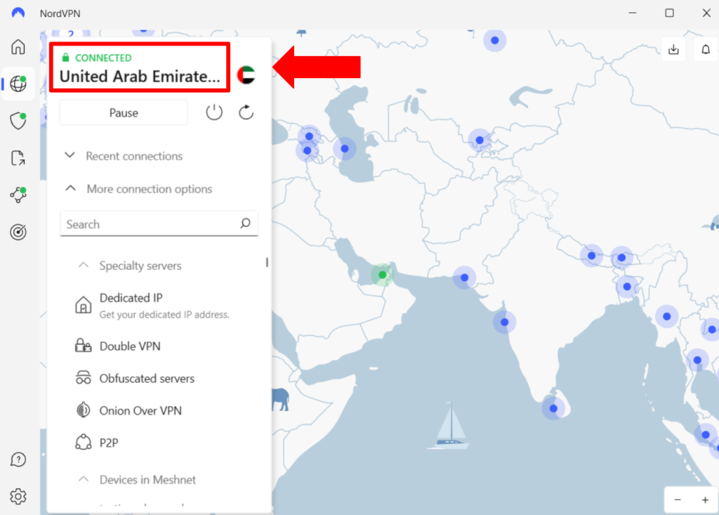 NordVPN connected to the closest server