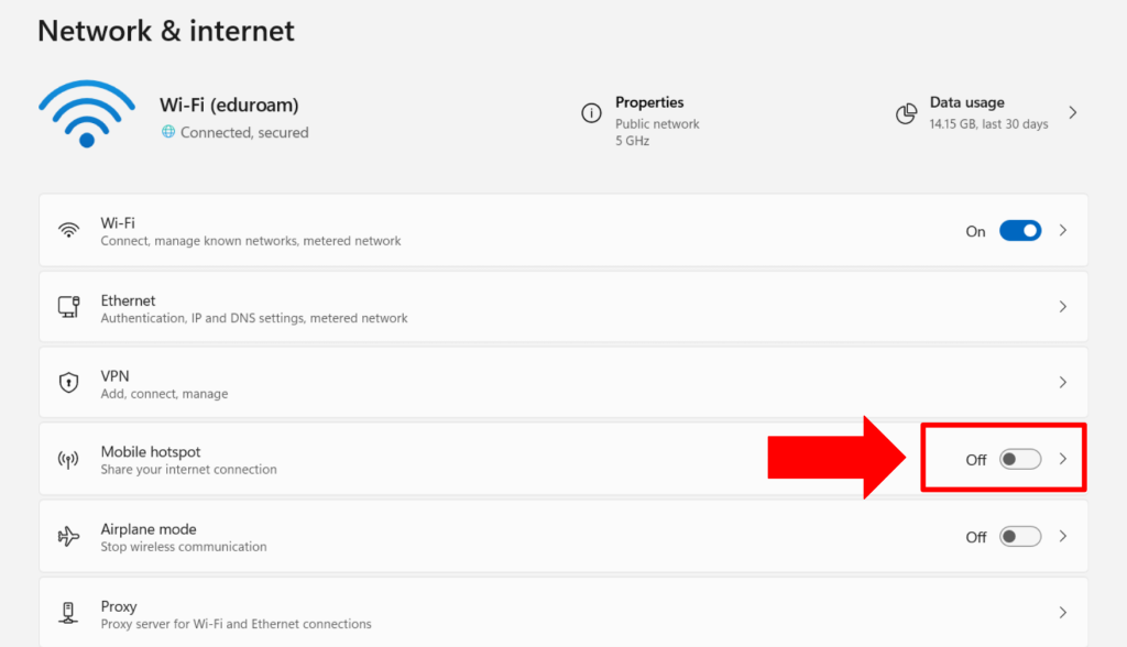 Enabling mobile hotspot settings in Windows 11 Home.